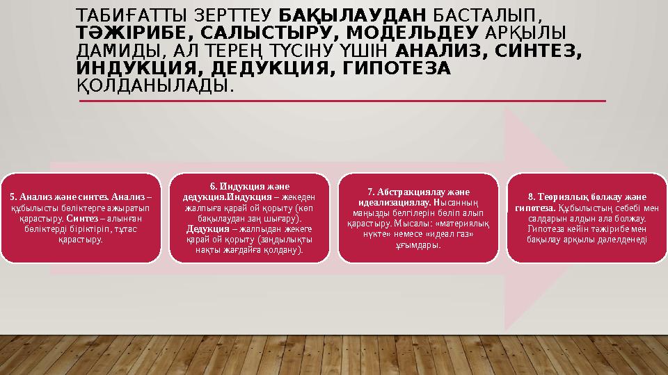 ТАБИҒАТТЫ ЗЕРТТЕУ БАҚЫЛАУДАН БАСТАЛЫП, ТӘЖІРИБЕ, САЛЫСТЫРУ, МОДЕЛЬДЕУ АРҚЫЛЫ ДАМИДЫ, АЛ ТЕРЕҢ ТҮСІНУ ҮШІН АНАЛИЗ, СИНТЕЗ, ИН