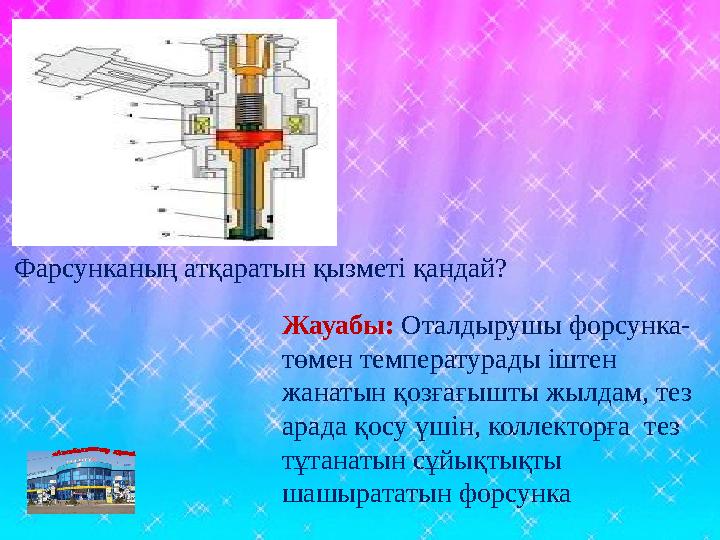 Жауабы: Оталдырушы форсунка- төмен температурады іштен жанатын қозғағышты жылдам, тез арада қосу үшін, коллекторға тез тұтан
