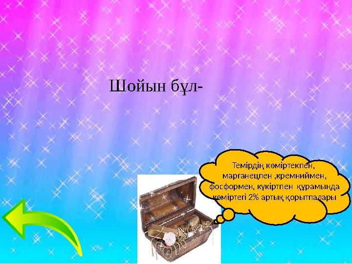 Шойын бұл- Темірдің көміртекпен, марганецпен ,кремниймен, фосформен, күкіртпен құрамында көміртегі 2% артық қорытпалары