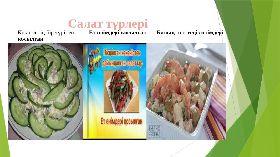 Салат түрлері Көкөністің бір түрінен Ет өнімдері қосылған Балық пен теңіз өнім
