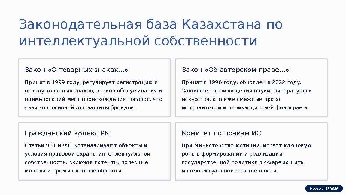 Законодательная база Казахстана по интеллектуальной собственности Закон «О товарных знаках...» Принят в 1999 году, регулирует р