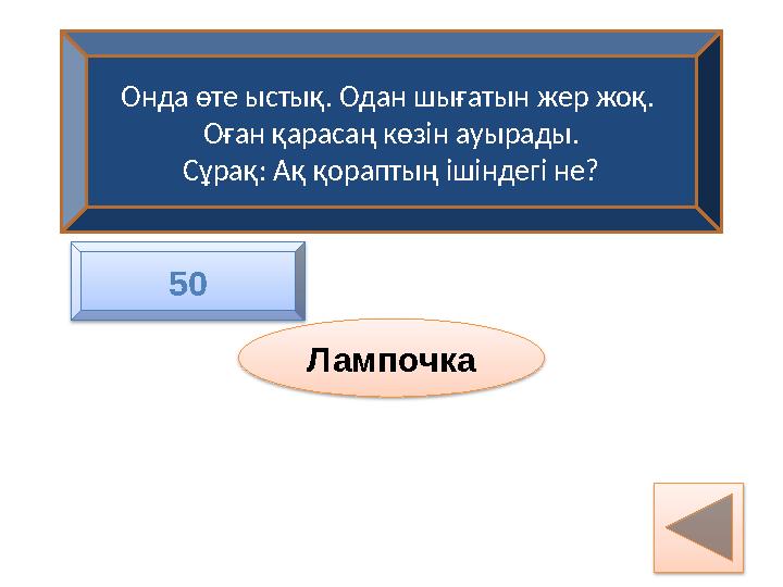 Онда өте ыстық. Одан шығатын жер жоқ. Оған қарасаң көзін ауырады. Сұрақ: Ақ қораптың ішіндегі не? Лампочка 50