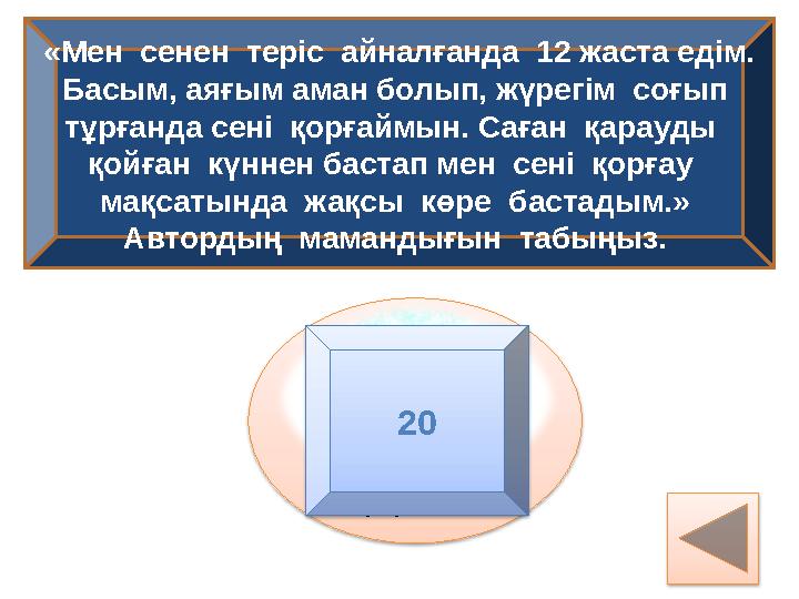 «Мен сенен теріс айналғанда 12 жаста едім. Басым, аяғым аман болып, жүрегім соғып тұрғанда сені қорғаймын. Саған қарауды