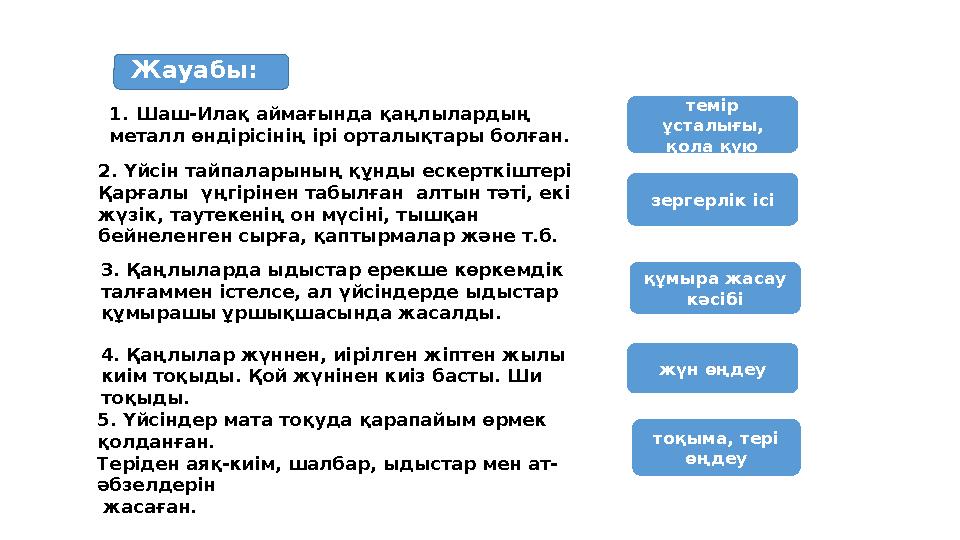1.Шаш-Илақ аймағында қаңлылардың металл өндірісінің ірі орталықтары болған. 2. Үйсін тайпаларының құнды ескерткіштері Қарғалы