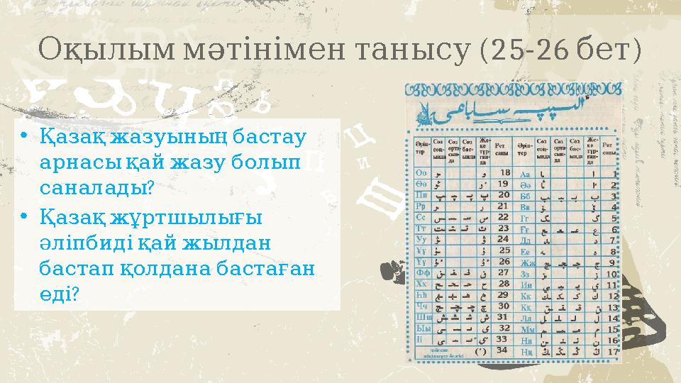 (25-26 ) Оқылыммәтініментанысу бет • Қазақжазуыныңбастау арнасықайжазуболып ? саналады • Қазақжұртшылығы әліпбидіқа
