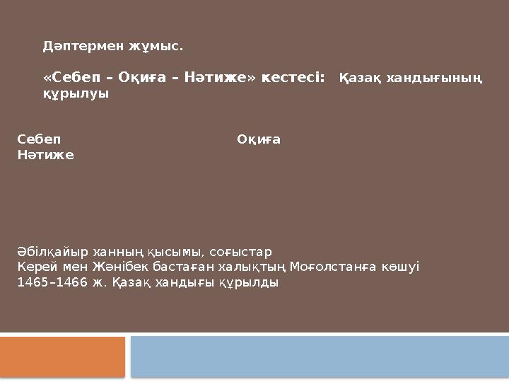 Дәптермен жұмыс. «Себеп – Оқиға – Нәтиже» кестесі: Қазақ хандығының құрылуы Себеп