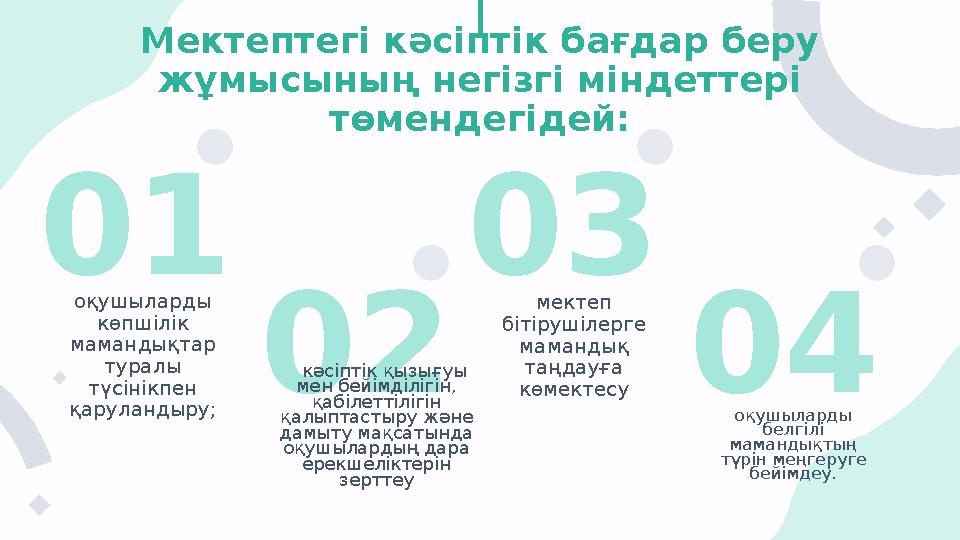 04 03 02 01 Мектептегі кәсіптік бағдар беру жұмысының негізгі міндеттері төмендегідей: оқушыларды көпшілік маманды