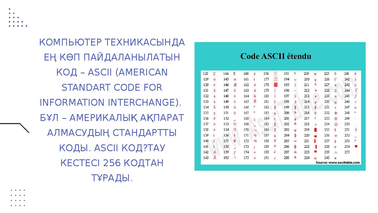 КОМПЬЮТЕР ТЕХНИКАСЫНДА ЕҢ КӨП ПАЙДАЛАНЫЛАТЫН КОД – ASCII (AMERICAN STANDART CODЕ FOR INFORMATION INTERCHANGE). БҰЛ – АМЕРИК