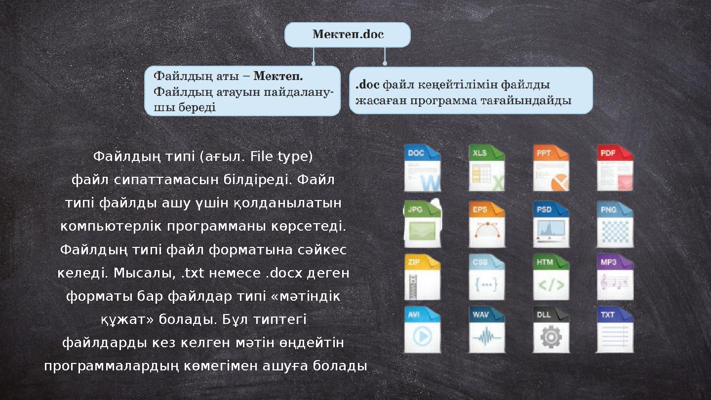 Файлдың типі (ағыл. File type) файл сипаттамасын білдіреді. Файл типі файлды ашу үшін қолданылатын компьютерлік программаны к