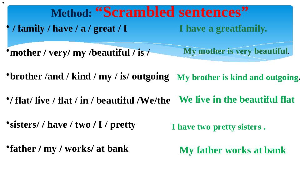 • / family / have / a / great / I •mother / very/ my /beautiful / is / •brother /and / kind / my / is/ outgoin