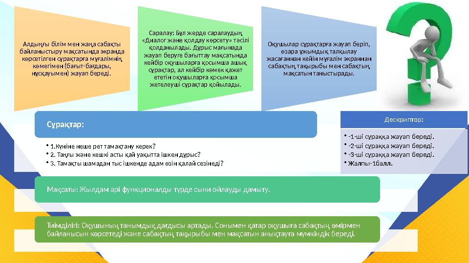 Алдыңғы білім мен жаңа сабақты байланыстыру мақсатында экранда көрсетілген сұрақтарға мұғалімнің көмегімен (бағыт-бағдары, н