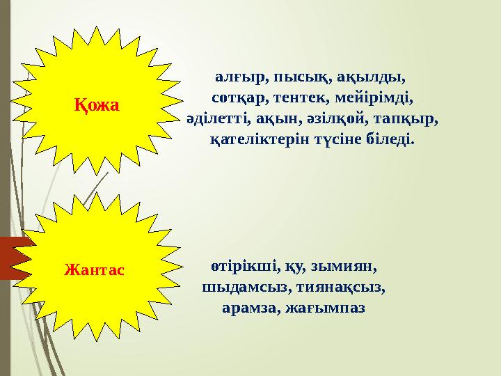 алғыр, пысық, ақылды, сотқар, тентек, мейірімді, әділетті, ақын, әзілқой, тапқыр, қателіктерін түсіне біледі. Жа