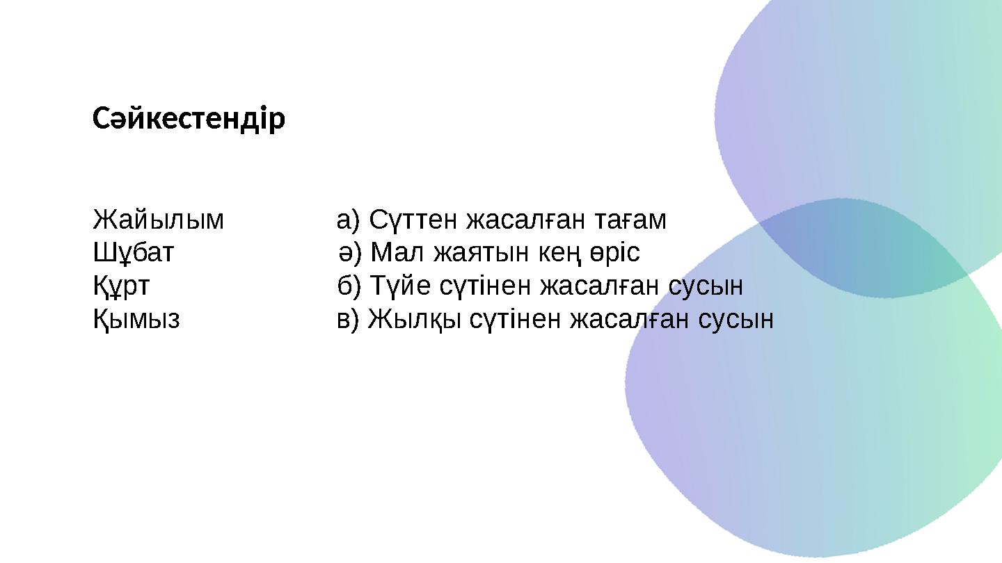 Жайылым а) Сүттен жасалған тағам Шұбат ә) Мал жаятын кең өріс Құрт б) Түйе сүтін