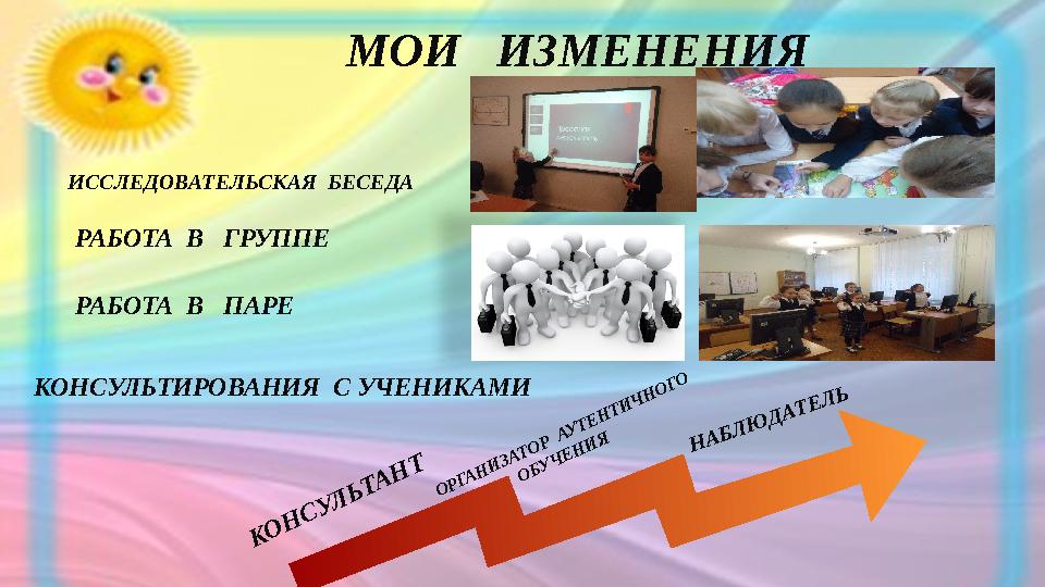 МОИ ИЗМЕНЕНИЯ ИССЛЕДОВАТЕЛЬСКАЯ БЕСЕДА РАБОТА В ПАРЕ РАБОТА В ГРУППЕ КОНСУЛЬТИРОВАНИЯ С УЧЕНИКАМИ КОНСУЛЬТАНТ