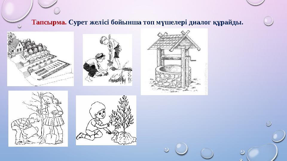 Тапсырма. Сурет желісі бойынша топ мүшелері диалог құрайды.