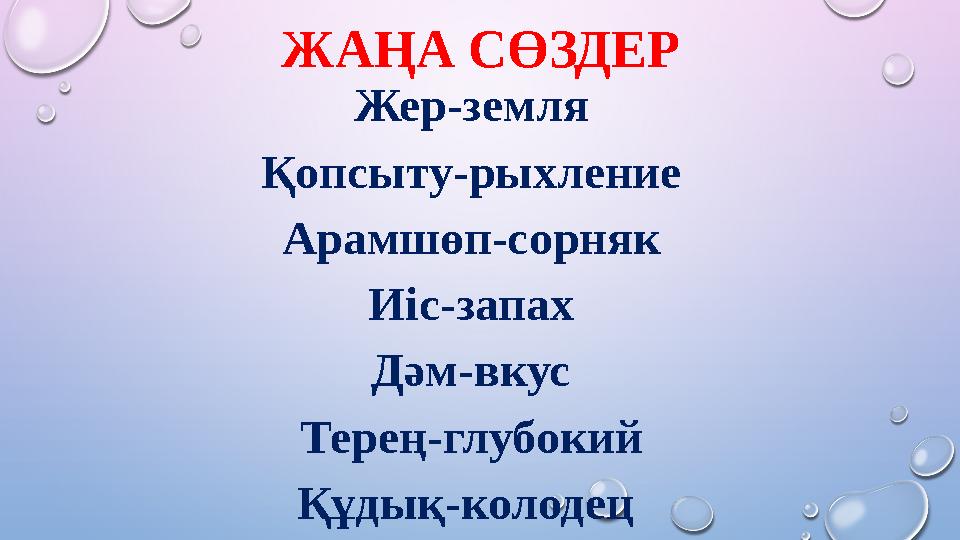ЖАҢА СӨЗДЕР Жер-земля Қопсыту-рыхление Арамшөп-сорняк Иіс-запах Дәм-вкус Терең-глубокий Құдық-колодец