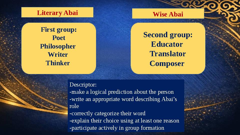 Descriptor: -make a logical prediction about the person -write an appropriate word describing Abai’s role -correctly categorize