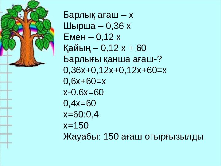 Барлық ағаш – х Шырша – 0,36 х Емен – 0,12 х Қайың – 0,12 х + 60 Барлығы қанша ағаш-? 0,36х+0,12х+0,12х+60=х 0,6х+60=х х-0,6х=60
