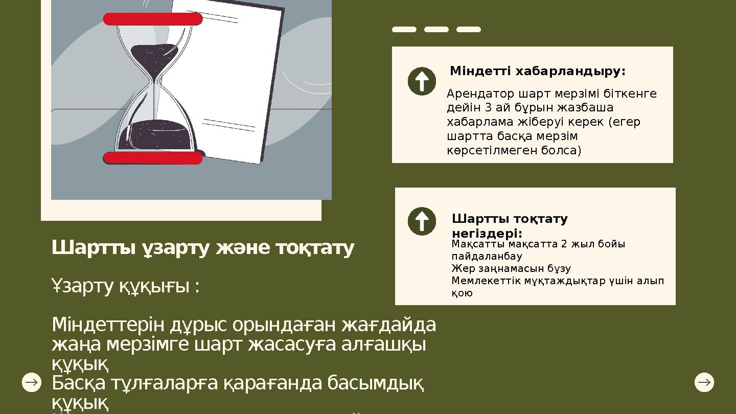 Шартты ұзарту және тоқтату Ұзарту құқығы : Міндеттерін дұрыс орындаған жағдайда жаңа мерзімге шарт жасасуға алғашқы құқық Басқ