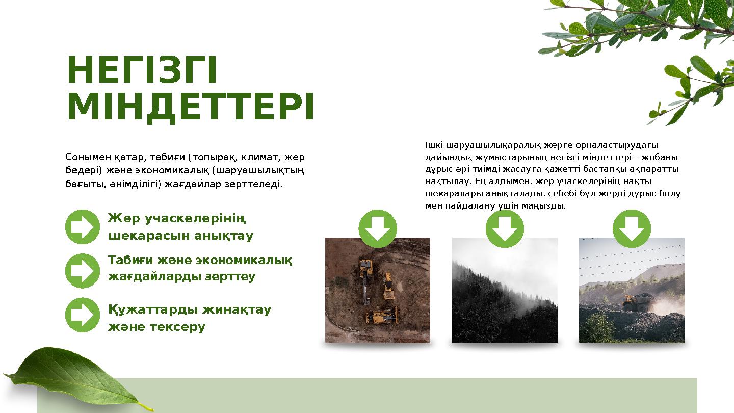 НЕГІЗГІ МІНДЕТТЕРІ Сонымен қатар, табиғи (топырақ, климат, жер бедері) және экономикалық (шаруашылықтың бағыты, өнімділігі) ж