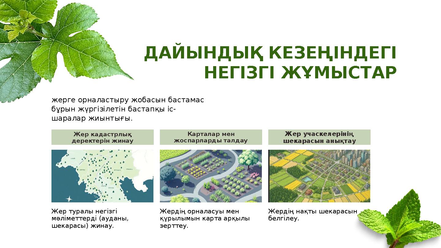 ДАЙЫНДЫҚ КЕЗЕҢІНДЕГІ НЕГІЗГІ ЖҰМЫСТАР жерге орналастыру жобасын бастамас бұрын жүргізілетін бастапқы іс- шаралар жиынтығы. Жер