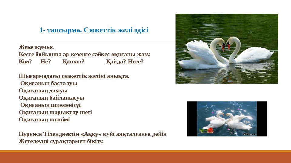 Жеке жұмыс Кесте бойынша әр кезеңге сәйкес оқиғаны жазу. Кім?Не? Қашан? Қайда?Неге? Шығармадағы сюжеттік желіні анықта. Оқиғаны