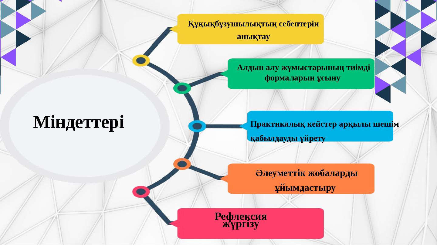Әлеуметтік жобаларды ұйымдастыру Рефлексия жүргізу Міндеттері Құқықбұзушылықтың себептерін анықтау Алдын алу жұмыстарының т