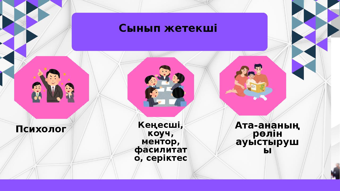 Психолог Кеңесші, коуч, ментор, фасилитат о, серіктес Ата-ананың рөлін ауыстыруш ы Сынып жетекші
