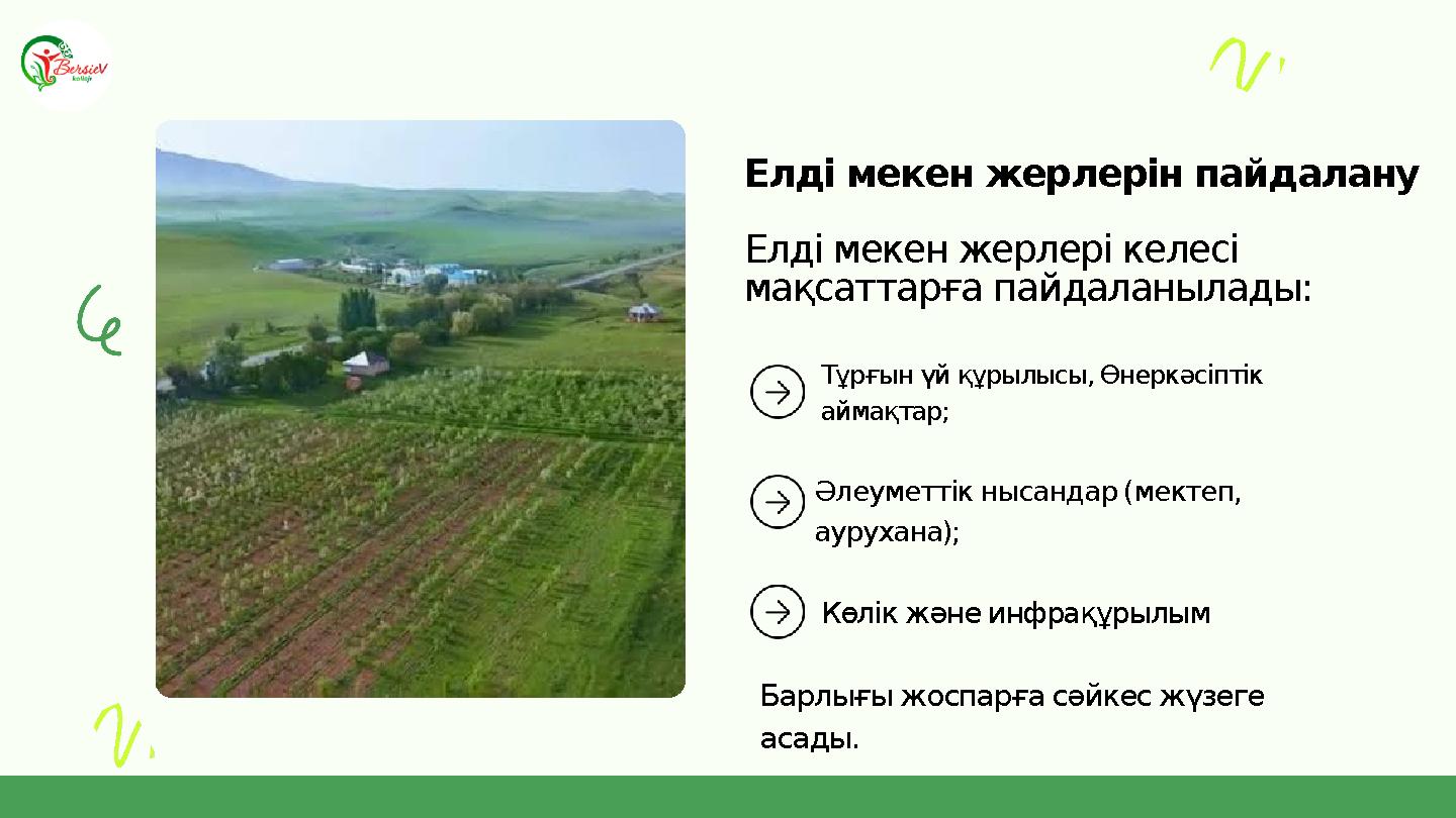 Тұрғын үй құрылысы, Өнеркәсіптік аймақтар; Әлеуметтік нысандар (мектеп, аурухана); Елді мекен жерлерін пайдалану Елді мекен же