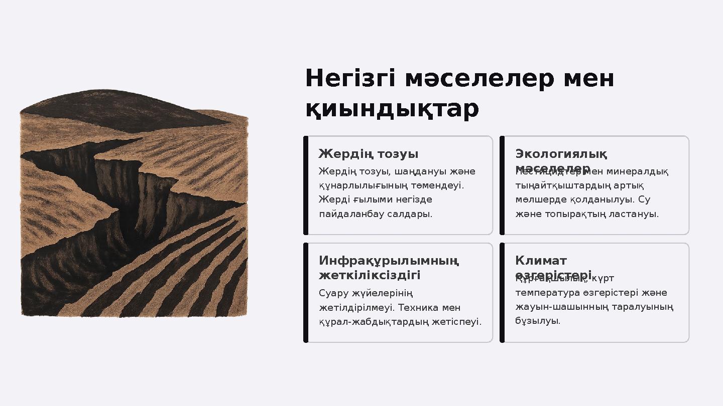 Негізгі мәселелер мен қиындықтар Жердің тозуы Жердің тозуы, шаңдануы және құнарлылығының төмендеуі. Жерді ғылыми негізде пай
