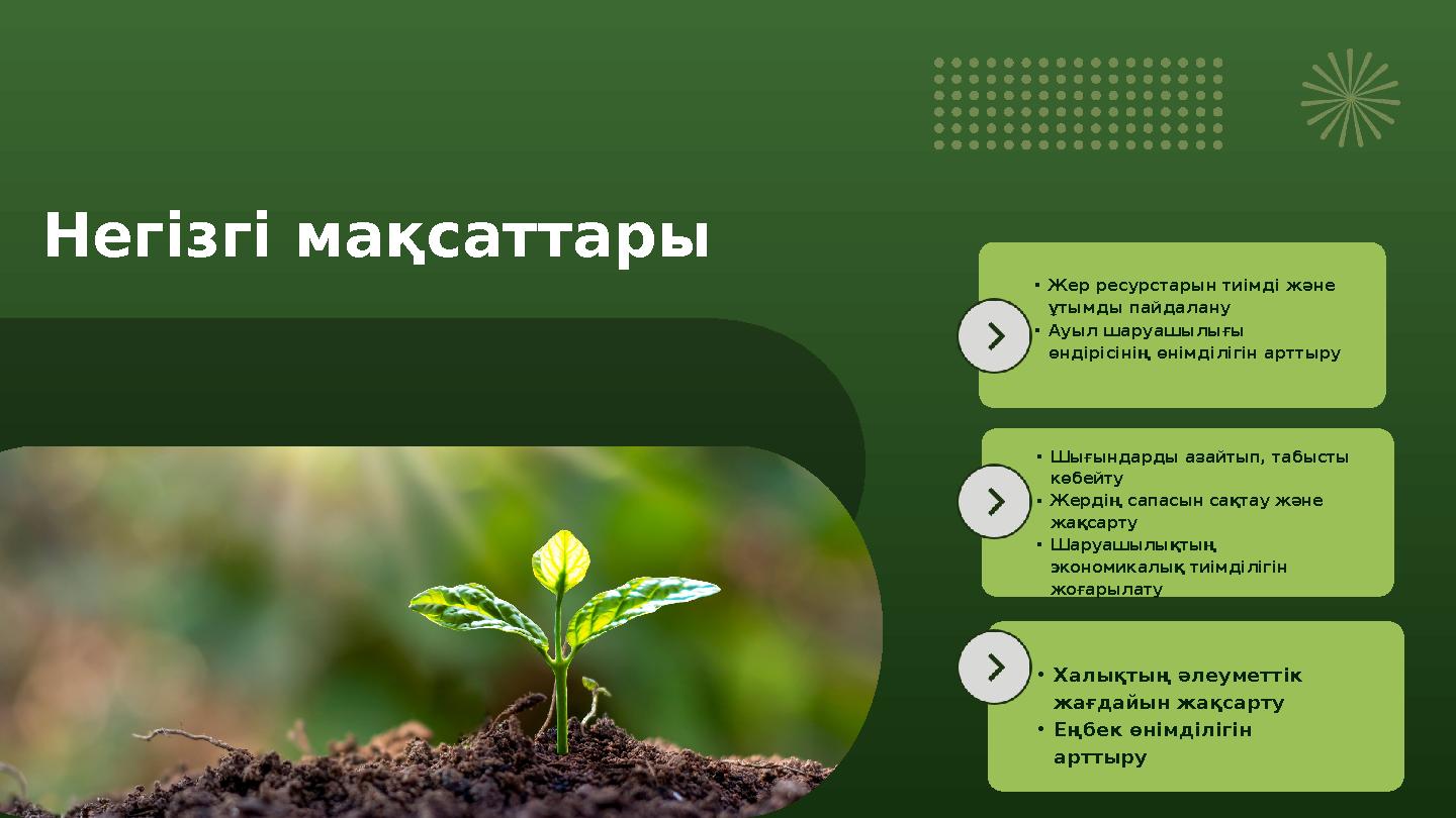 Негізгі мақсаттары •Жер ресурстарын тиімді және ұтымды пайдалану •Ауыл шаруашылығы өндірісінің өнімділігін арттыру •Шығындарды