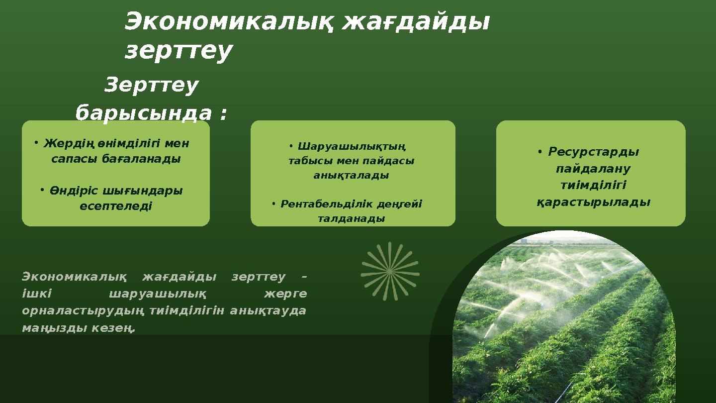 Экономикалық жағдайды зерттеу •Жердің өнімділігі мен сапасы бағаланады •Өндіріс шығындары есептеледі •Шаруашылықтың табысы м