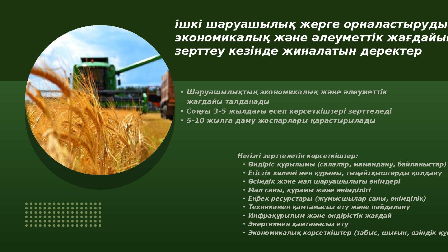 •Шаруашылықтың экономикалық және әлеуметтік жағдайы талданады •Соңғы 3–5 жылдағы есеп көрсеткіштері зерттеледі •5–10 жылға даму