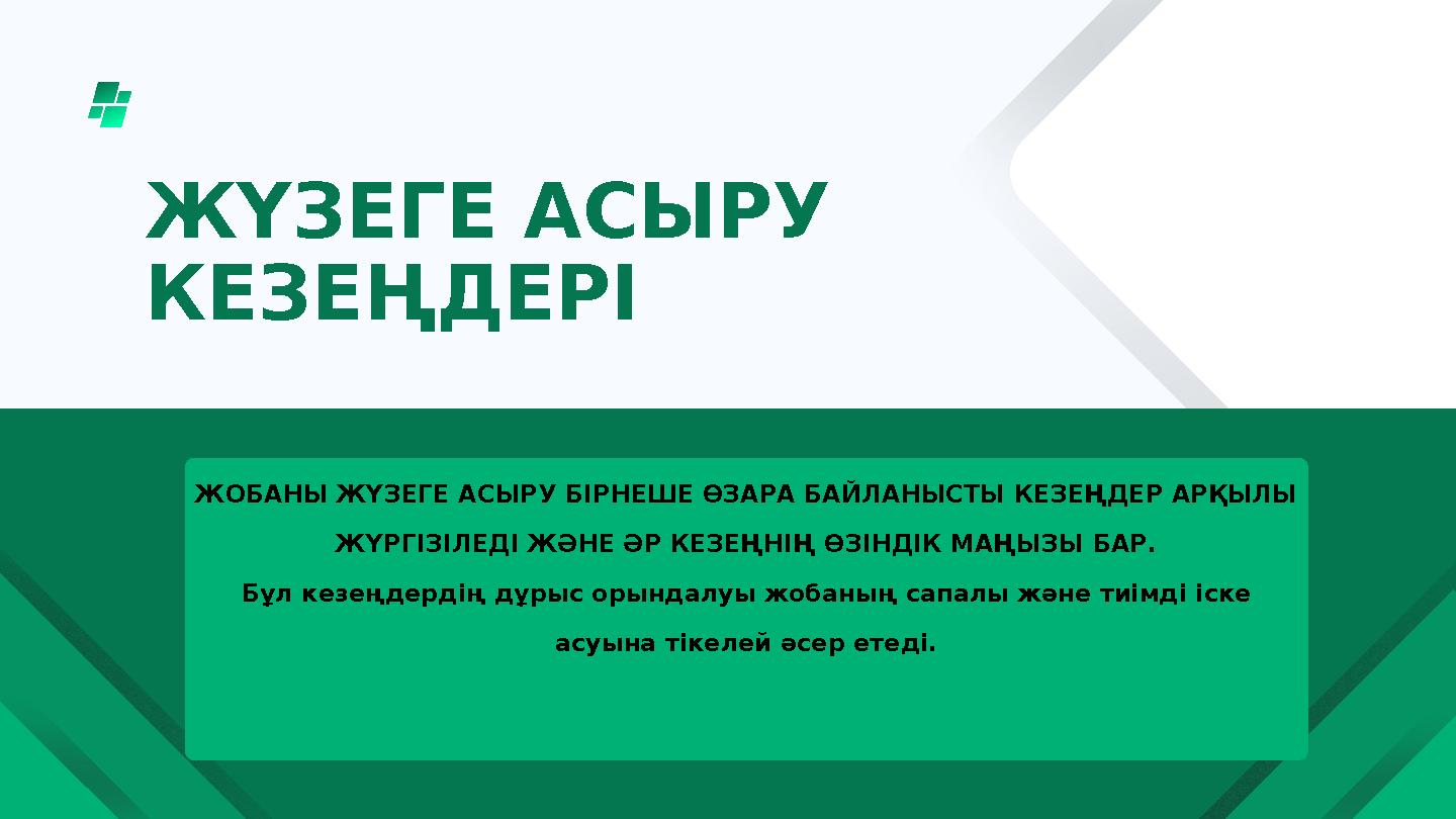 ЖҮЗЕГЕ АСЫРУ КЕЗЕҢДЕРІ ЖОБАНЫ ЖҮЗЕГЕ АСЫРУ БІРНЕШЕ ӨЗАРА БАЙЛАНЫСТЫ КЕЗЕҢДЕР АРҚЫЛЫ ЖҮРГІЗІЛЕДІ ЖӘНЕ ӘР КЕЗЕҢНІҢ ӨЗІНДІК МАҢЫЗ