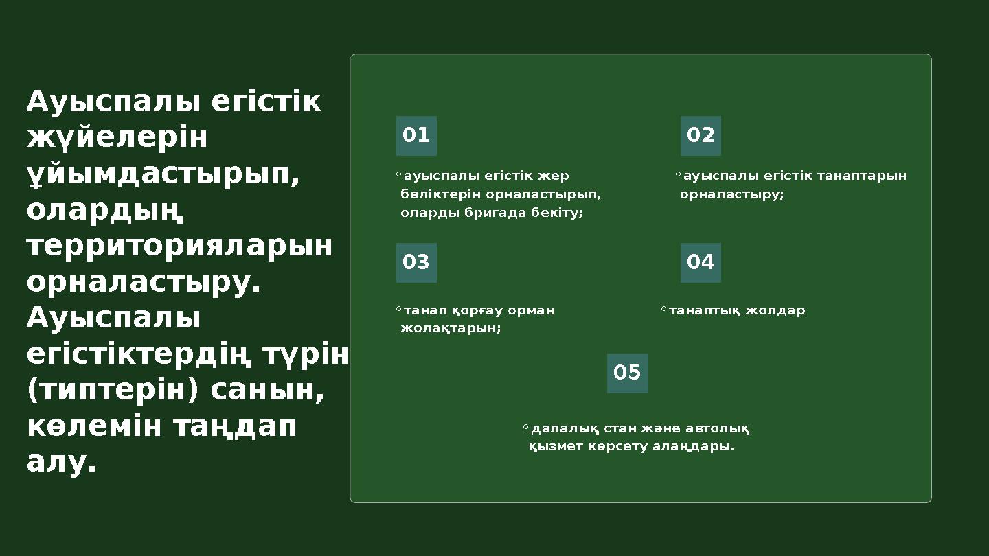 Ауыспалы егістік жүйелерін ұйымдастырып, олардың территорияларын орналастыру. Ауыспалы егістіктердің түрін (типтерін) са