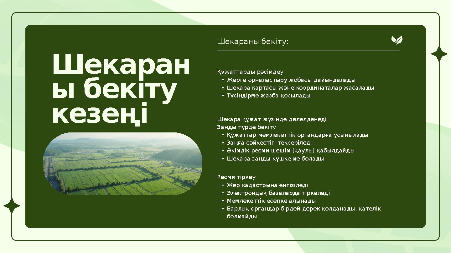 Шекаран ы бекіту кезеңі Шекараны бекіту: Құжаттарды рәсімдеу •Жерге орналастыру жобасы дайындалады •Шекара картасы және коорд