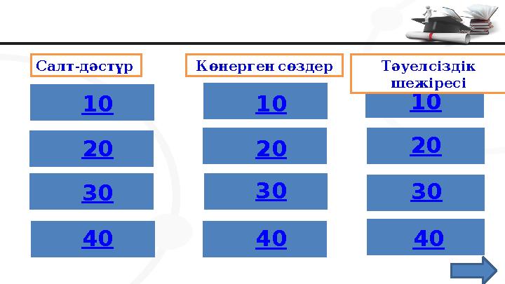 10 30 20 10 10 20 30 404040 30 20 - Салт дәстүр Көнергенсөздер Тәуелсіздік шежіресі