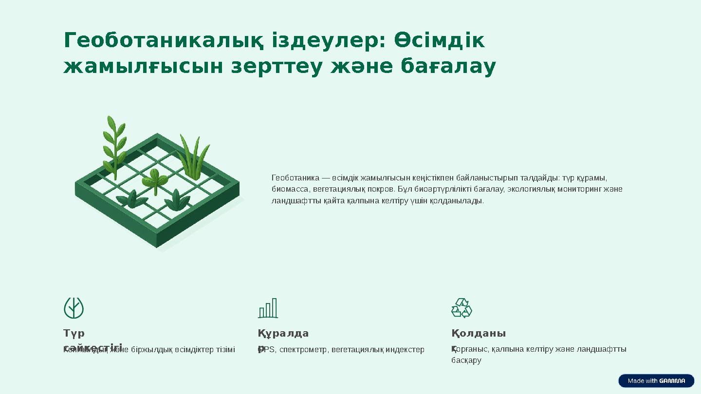 Геоботаникалық іздеулер: Өсімдік жамылғысын зерттеу және бағалау Көпжылдық жəне біржылдық өсімдіктер тізімі GPS, спектрометр, в