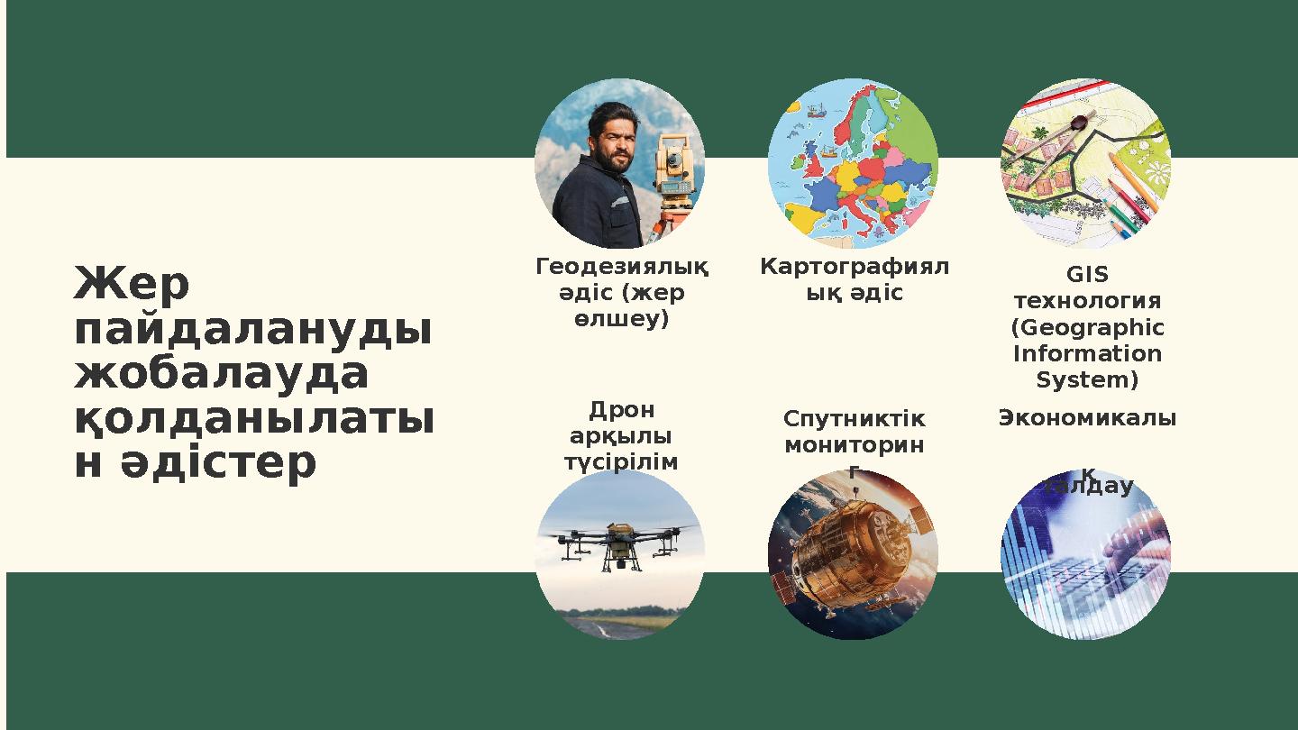 Жер пайдалануды жобалауда қолданылаты н әдістер Дрон арқылы түсірілім Геодезиялық әдіс (жер өлшеу) Спутниктік мониторин