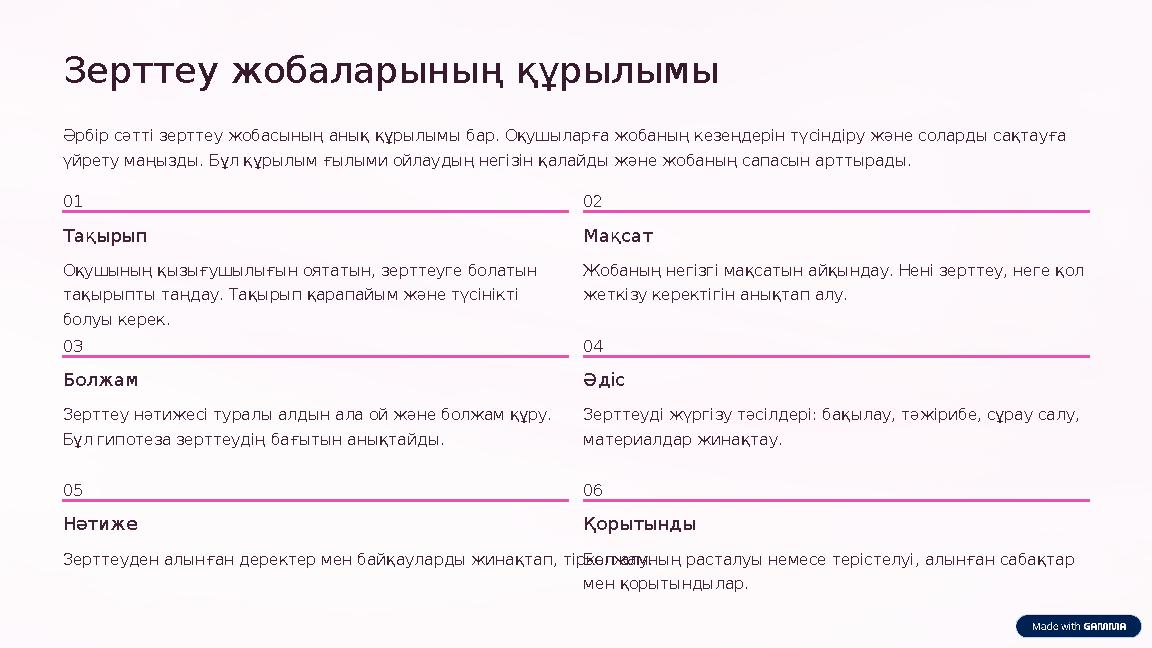Зерттеу жобаларының құрылымы Әрбір сәтті зерттеу жобасының анық құрылымы бар. Оқушыларға жобаның кезеңдерін түсіндіру және солар