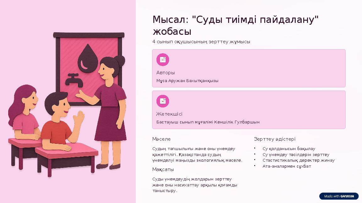 Мысал: "Суды тиімді пайдалану" жобасы 4 сынып оқушысының зерттеу жұмысы Авторы Мұса Аружан Бахытқанқызы Жетекшісі Бастауыш сыны