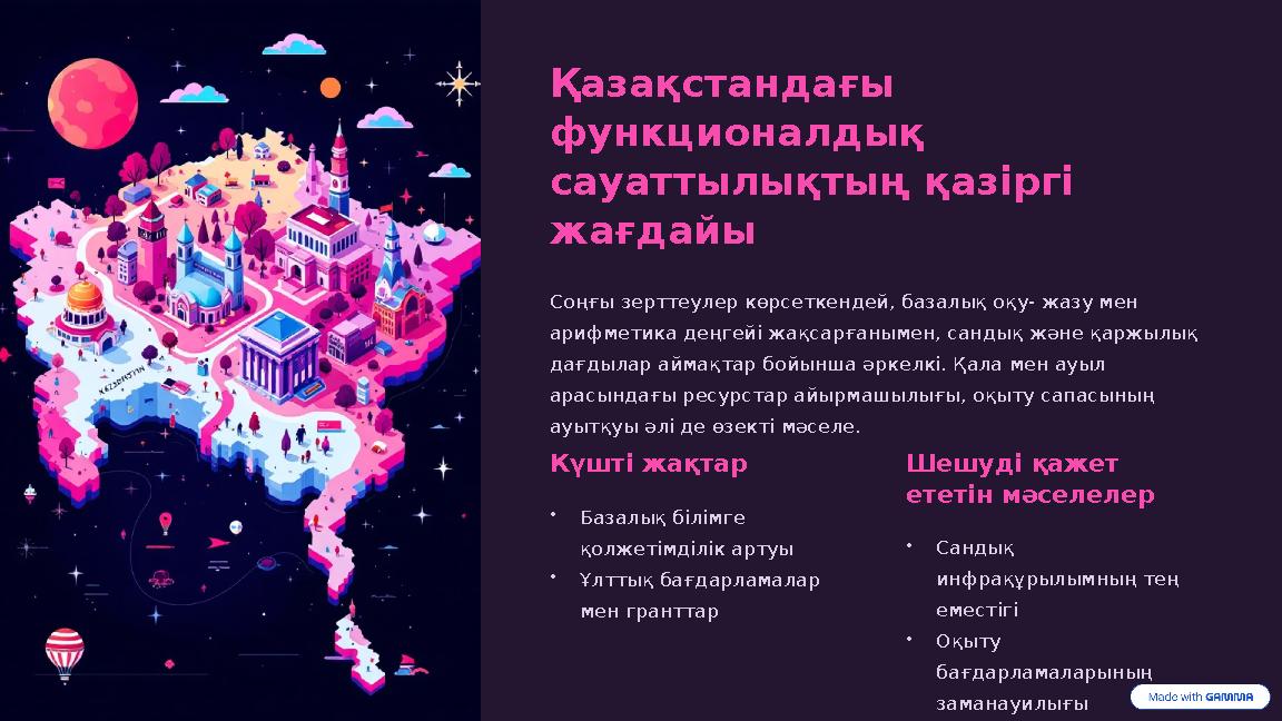 Қазақстандағы функционалдық сауаттылықтың қазіргі жағдайы Соңғы зерттеулер көрсеткендей, базалық оқу- жазу мен арифметика де