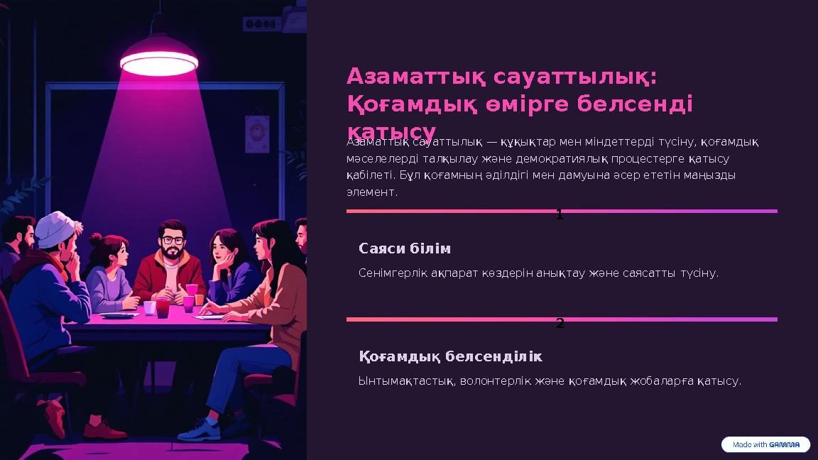 Азаматтық сауаттылық: Қоғамдық өмірге белсенді қатысу Азаматтық сауаттылық — құқықтар мен міндеттерді түсіну, қоғамдық мәселе