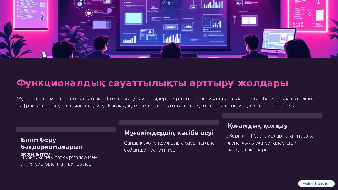 Функционалдық сауаттылықты арттыру жолдары Жүйелі тәсіл: мектептен бастап өмір бойы оқыту, мұғалімдер даярлығы, практикалық бағд