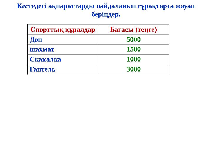 Спорттық құралдар Бағасы (теңге) Доп 5000 шахмат 1500 Скакалка 1000 Гантель 3000 Кестедегі ақпараттарды пайдаланып сұрақтарға жа