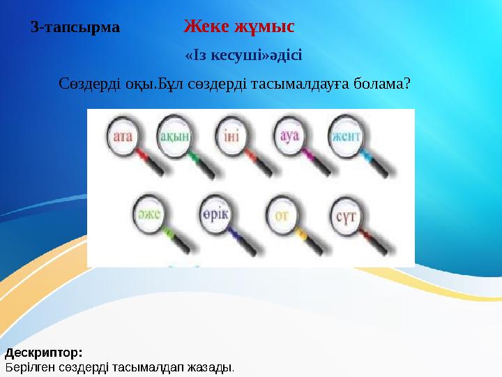 3-тапсырма Жеке жұмыс «Із кесуші»әдісі Сөздерді оқы.Бұл сөздерді тасымалдауға болама? Дескриптор: Берілген сөздерді