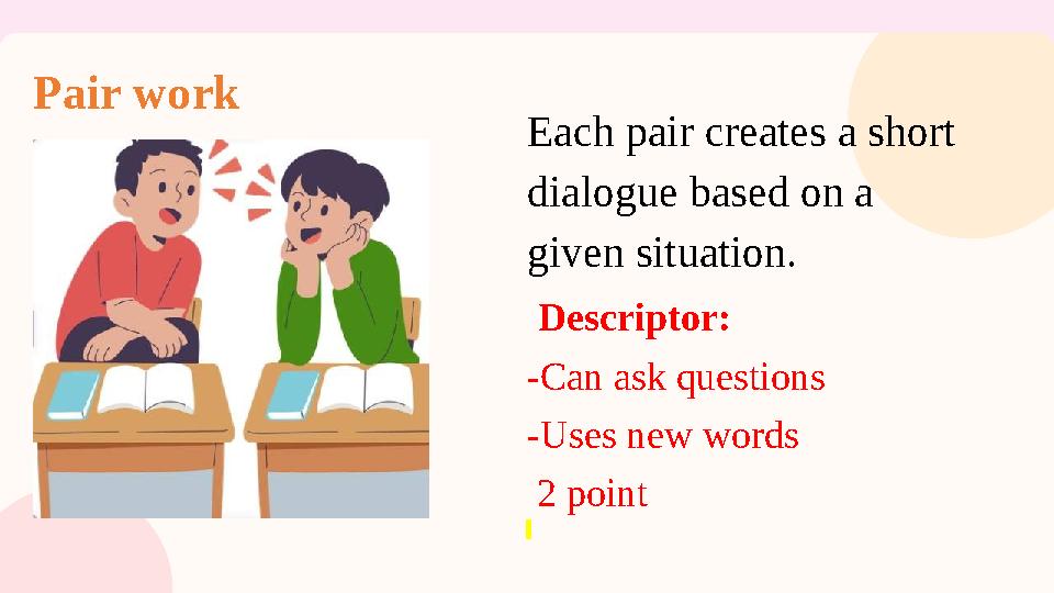 Pair work Each pair creates a short dialogue based on a given situation. Descriptor: -Can ask questions -Uses new words 2 po