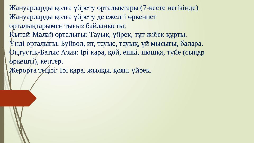 Жануарларды қолға үйрету орталықтары (7-кесте негізінде) Жануарларды қолға үйрету де ежелгі өркениет орталықтарымен тығыз байла