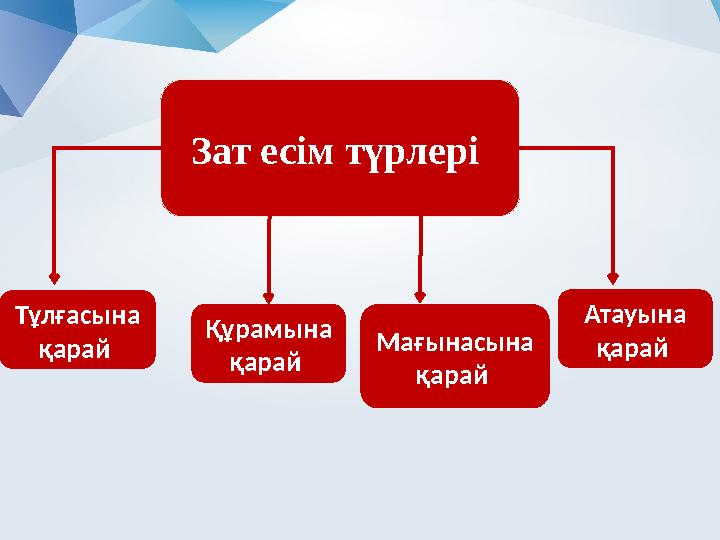 Зат есім түрлері Тұлғасына қарай Құрамына қарай Мағынасына қарай Атауына қарай