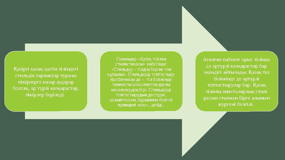 Қазіргі қазақ әдеби тіліндегі стильдік тармақтар туралы пікірлерге назар аударар болсақ, әр түрлі көзқарастар, пікірлер бері